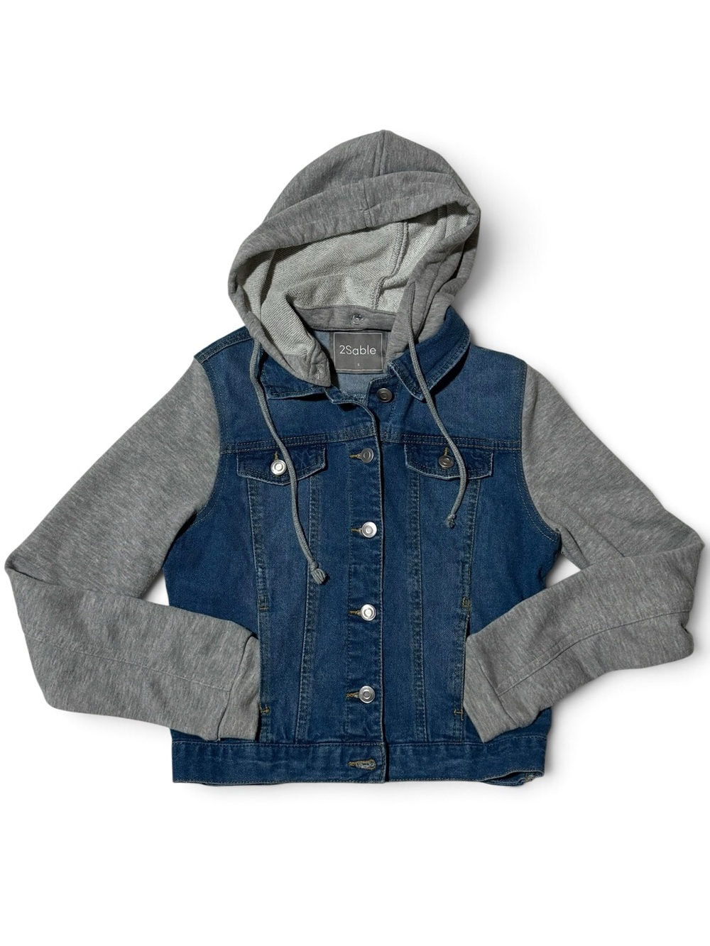 2Sable Girls Blue Denim Jacket with Gray Hoodie and Sleeves Small